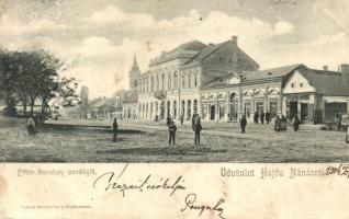 Hajdúnánás, Fő tér, Bocskay vendéglő, Bartha Imre üzlete, gyógyszertár, kiadja Bartha Imre (EB)