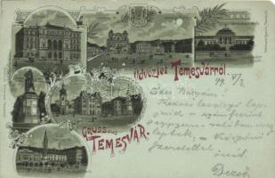 1899 Temesvár, Timisoara; színház, Losonczy tér, Józsefvárosi zárda, Gyárváros, Kossuth tér, Jenő herceg tér, Scudier szobor, Heinrich Uhrmann kiadása / theatre, squares, nunnery, monument, floral, Art Nouveau litho (EK)