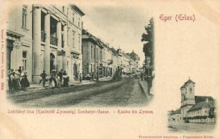 Eger, Erlau; Széchenyi utca, Kaszinótól a Lyceumig, gyógyszertár, Ferencrendűek temploma (EK)