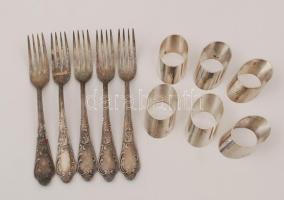 5 db ezüstözött, díszes villa, h: 21 cm + 6 db dekoratív szalvétagyűrű, egy részük jelzett