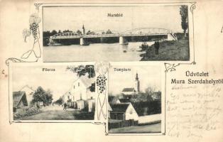 Muraszerdahely, Mursko Sredisce; Mura híd, templom, Fő utca / bridge, church, main street, Art Nouveau