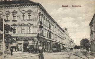 Szeged, Jerney-ház, Mezei József és Fodor Miksa üzlete, villamos, kiadja Grünwald Herman (Rb)