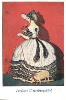 New Year, Lady with pig, Deutscher Schulverein Karte Nr. 1124.  s: Mela Koehler