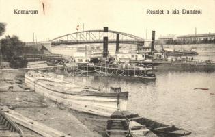 Komárom, Komárno; részlet a kis Dunáról, hajókikötő, Wekerle Sándor gőzős, híd / river detail, harbor, steamship 'Wekerle Sándor', bridge (EB)