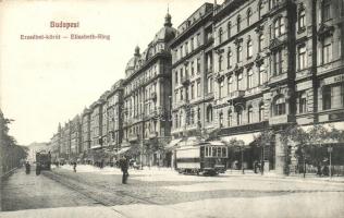 Budapest VII. Erzsébet körút, Leszámítoló-Pénzváltó Bank, Leopold Gyula üzlete, villamos