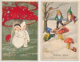 7 db RÉGI újévi üdvözlőlap, gombákkal és törpékkel, pár litho / 7 old New Year greeting postcards with mushrooms and dwarves, some lithos