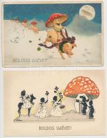 7 db RÉGI újévi üdvözlőlap, gombákkal és törpékkel, pár litho / 7 old New Year greeting postcards wi...