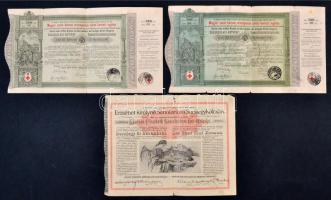 Budapest 1882. "Magyar szent korona országainak vörös-kereszt egylete" kisorsolási kötvény 5Ft-ról bélyegzésekkel (2x) + 1904. "Erzsébet királyné Sanatorium Sorsjegykölcsön" sorsjegye 5K-ról, szárazpecséttel T:III kis szakadások