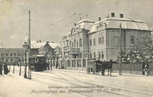 Nagyszeben, Hermannstadt, Sibiu; a Hadtestparancsnokság palotája télen, villamos, lovaskocsi / Army Corps Headquarters in winter, tram, horse carriage (EK)