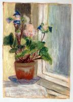 Havasi Kálmánné (?-?): Virág az ablaknál. Pasztell, papír, jelzett, 42×30 cm