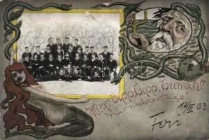 'Hipp hipp hipp hurrah!! Nur noch 100 tage!' / Civilian mariner(?) cadets, postcard sent from Rijeka, Fiume(?); mermaid and Neptune (gluemark)
