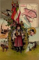 Osztrák-Magyar Monarchia patrióta képeslap, kislány, címerek, zászló, térkép / patriotic postcard, Austria-Hungary, girl, coat of arms, flags, map litho