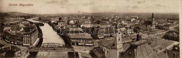 Nagyvárad, Oradea; híd, zsinagóga, tér, Szent László templom, Holdas templom, kétlapos panorámalap, kiadja Boros Jenő / híd, syangouge, square, churches, 2-tile panoramacard