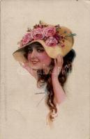 Italian art postcard, lady with hat, Erkal No. 601-4. s: Usabal (EK)