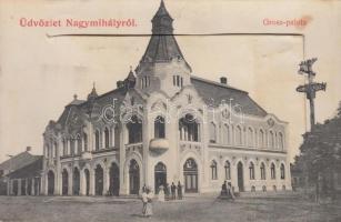 Nagymihály, Mihalovce; Grosz palota, leporello lap, a leporellon többek között vasútállomás, járásbíróság, szálloda, kiadja Freireich T. / palace, leporello card, on the leporello among others the railway station, courthouse, hotel