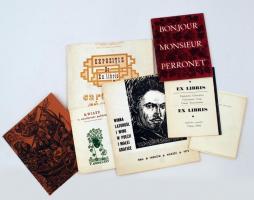 7 db különféle, többnyelvű ex librisekkel, grafikákkal kapcsolatos érdekes nyomtatvány, katalógus, így benne: Bonjour Monsieur Perronet, Heraldische Exlibris stb. / 7 volumes of various, multi-lingual journals, catalogues, on the topic of bookplates and other printmaking studies, such as: Bonjour Monsieur Perronet, Heraldische Exlibris , etc.