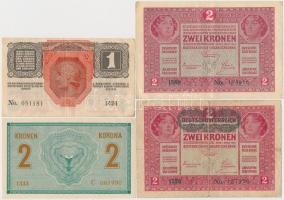 1914. 2K "C" sorszámjel + 1916. 1K + 1917. 2K (2x), egyik zöld "Deutschösterreich&quo...