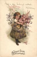 Easter, girl, floral, B.N.K. No. 8085. decorated litho (EK)