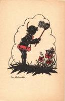Child collecting butterfly, silhouette art postcard, artist signed (EK)