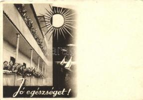 Jó egészséget!, az Országos Társadalombiztosító Intézet reklámlapja, Egészségvédelmi Főosztály Fiatalkorúak gyógyüdültetése / Advertisment postcard of the Hungarian State Insurance Institute, children on vacation (EB)