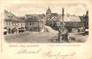 Nagyszombat, Trnava; Ferenc József tér, Nagy Lajos utca / Franz Josef Square, Street corner, shops