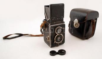 Rolleiflex Franke &amp; Heidecke fényképezőgép Compur Carl Zeiss Tessar 1:4,5/7,5 objektívvel, tokjában, sárga színszűrővel. / vintage camera in leather case.