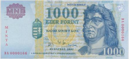 2002. 1000Ft MINTA felülnyomással, DA 0000166 sorozat- és sorszámmal T:I /  Hungary 2002. 1000 Forint with MINTA overprint and DA 0000166 serial number C:UNC Adamo F55CM2