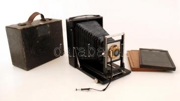 XIX. sz. vége: Ejtőlemezes kamera fényképezőgép Wollensak Rochester Extra Rapi Aplanat F:8 objektívvel 2 fakazettával, tokkal. / Vintage camera with two wooden casette