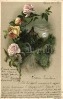 Roses with homestead in moonlight / Winkler &amp; Schorn, Mondschein-Postkarte Serie XI. No. 99115., litho, silver decorated (EK)