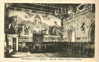 San Marino, Sala del Consiglio Grande e Generale / Hall of the Great and General Council, interior; from postcard booklet