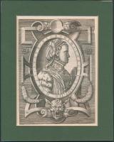 cca 1568 Martino Rota (1520 k. - 1583): Habsburg Mária (1528-1603) magyar királyné portréja, rézmetszet, papír, jelzett, az Imagines quorundam principum et illustrium virorum c. munkából (Velence, 1568), paszpartuban, nagyon apró sérüléssel, 18,5×13,5 cm /  cca 1568 Martino Rota (cca 1520-1583): Portrait of Maria of Austria (1528-1603) Queen Consort of Hungary, copper etching, on paper, from the Imagines quorundam principum et illustrium virorum (Venice, 1568), in passepartout, with a very small damage, 18,5×13,5 cm