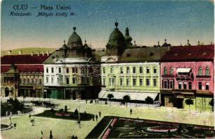 Kolozsvár, Cluj; Mátyás király tér, Haraszthy Jenő üzlete, Erdélyi Bank / square, shop, Transylvanian Bank, &#039;Kolozsvár visszatért&#039; So. Stpl.