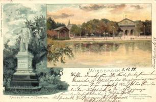1899 Wiesbaden, Kurhaus mit Weimer, Kaiser Wilhelm I Denkmal / spa, statue, Joh. Elchlepps Hofkunstverlag litho s: C. Münch (small tear)