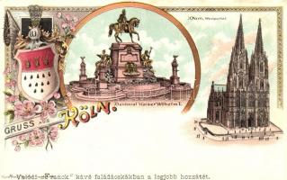 Köln, Cologne; Dom, Denkmal Kaiser Wilhelm I / dome, statue, coat of arms, Franck coffee advertisement, floral, Art Nouveau litho
