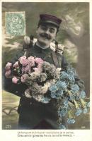 'Ce bouquet du troupier vous plaira je le pense, Elles sont si jolies les fleurs de notre France' / French soldier with flowers, WWI, I. világháborús francia katona virágcsokorral