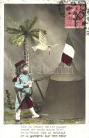 Vite, au retour de ton voyage... / Boy in French soldier uniform, tent, dove, palm tree, WWI