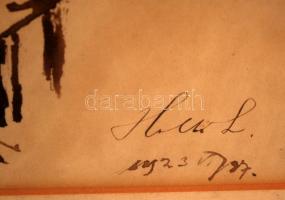 Holló László (1887-1976): Pihenő asszony. Tus, papír, jelzett, üvegezett keretben, 29×21 cm