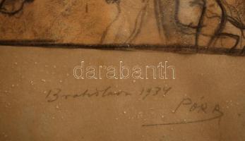 Pór Bertalan (1880-1964): Vázlat rajz. Szén, papír, gyűrött, utólag jelzett, üvegezett keretben, 20×...