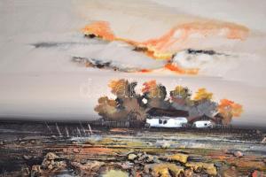 Tóth Rozália (1946-2015): Tanya a távolban. Olaj-gipsz, farost, jelzett, keretben, 80×40 cm