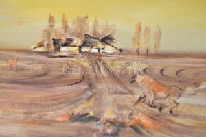 Tóth Rozália (1946-2015): Faluhatár. Olaj-gipsz, vászon, jelzett, keretben, 90×60 cm