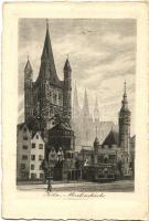 Köln, Cologne; Martinskirche, Stapelhaus / church, tram, etching (EK)