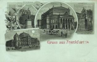 Frankfurt, Schillerdenkmal, Opernhaus, Gothedenkmal, Börse / statue, opera, bourse, floral, litho