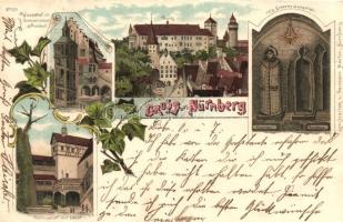 1899 Nürnberg, Wasserhof im Germanischen Museum, Burg, Eiserne Jungfrau, Schloffhof mit Linde / water tower, castle, floral, Kunstverlag v. Hermann Martin No. 930. litho (Rb)