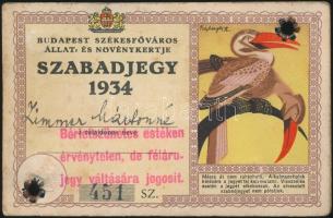 1934 Illusztrált állatkerti Szabadjegy, alatta az előző 1933-as szabadjeggyel, 10x7cm