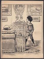 cca 1890 Homicskó Atonáz (1864-1916): Zsidó szobabelső, tusrajz, karton, jelzett / Jewish enteriure 22x16cm