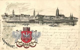 1898 Frankfurt, Eiserner Steg und Dom / coat of arms, Art Nouveau; Heraldische Postkarte No 3. litho (Rb)