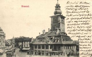 Brassó, Kronstadt; Városháza, üzletek, villamos. Brassói Lapok kiadása / Town hall, tram