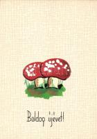 New Year, mushrooms, hand-made art postcard
