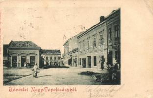 Nagytapolcsány, Topolcany; Főtér, üzletek, kiadja Platzko Gyula / main square, shops (EB)