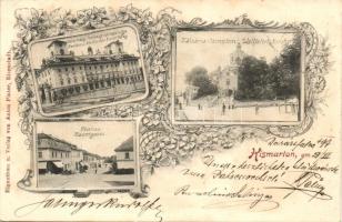 1899 Kismarton, Eisenstadt; Esterházy-kastély, templom, fő utca; Anton Pinter kiadása / floral multi-view